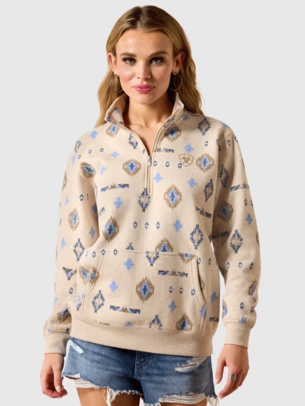 Women's Oatmeal Heather Southwest Print 1/2 Zip Sapphire Sweatshirt| NWT